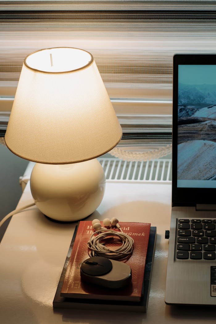 Warm and cozy home office setup featuring a lamp, laptop, and book on a desk.